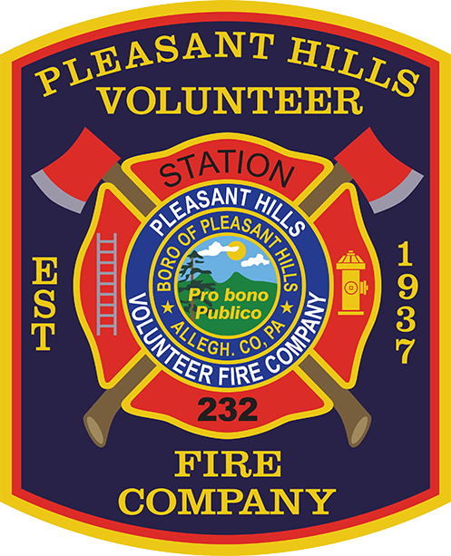 A badge for the Pleasant Hills Volunteer Fire Company. It features red axes, a ladder, and a fire hydrant, with "Station 232" and "Est 1937" inscribed. The center has a landscape with the text "Boro of Pleasant Hills, Pro bono Publico, Allegh. Co., PA.